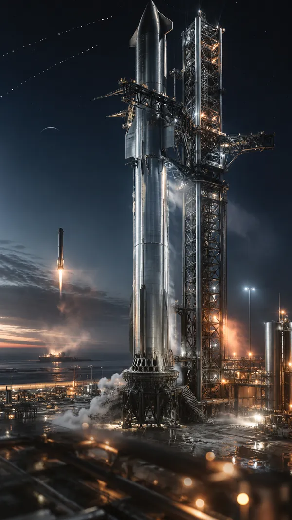 Rakete am Startturm bei Nacht